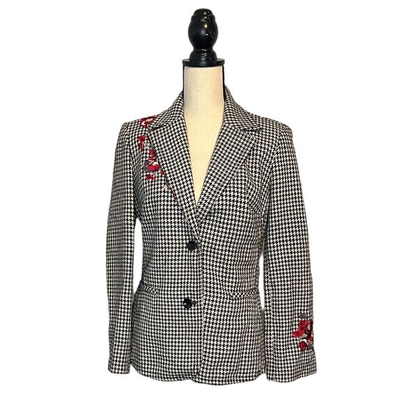 Focus Lifestyle Wool Blend Black White Houndstooth Floral Embroidery Blazer 6 - Picture 1 of 5